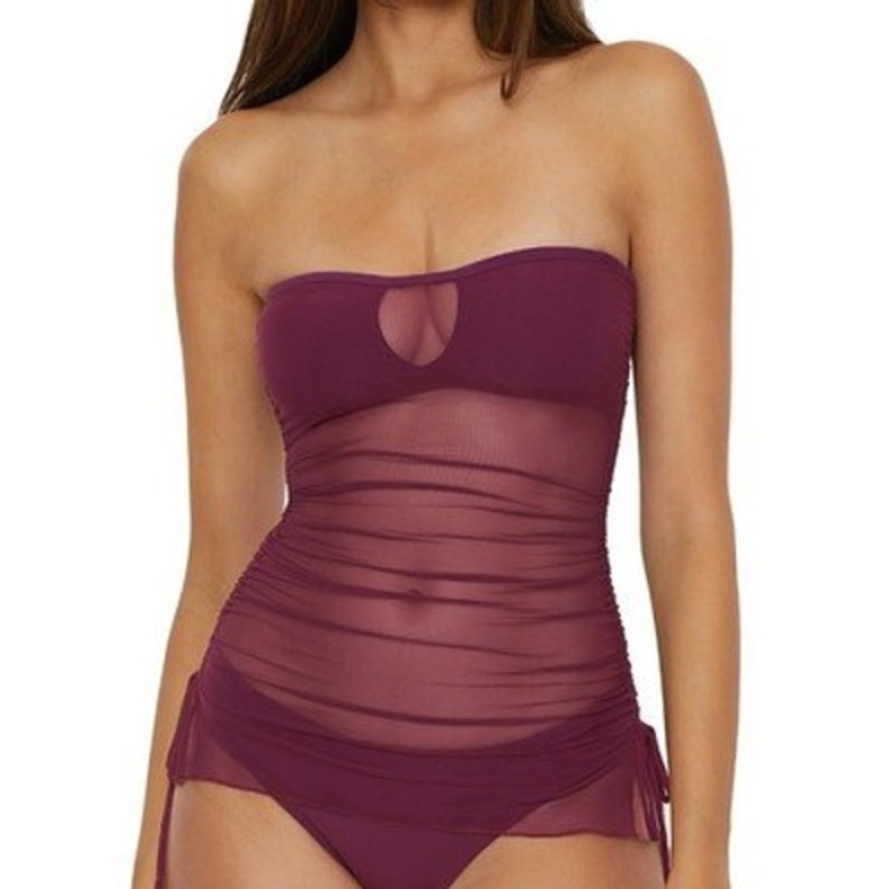 NWT Becca Tankini Swim Top Sz L‎ Muse Bandeau Mesh Overlay Plum MSRP $88 NWD